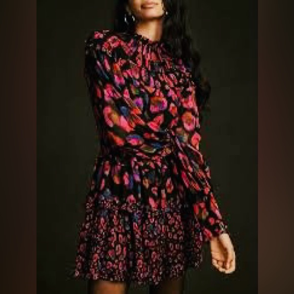 FARM Rio Dresses & Skirts - Farm Rio Iridescent Leopard Print Mini Dress With Ruffled DetailsLong SleevesNWT